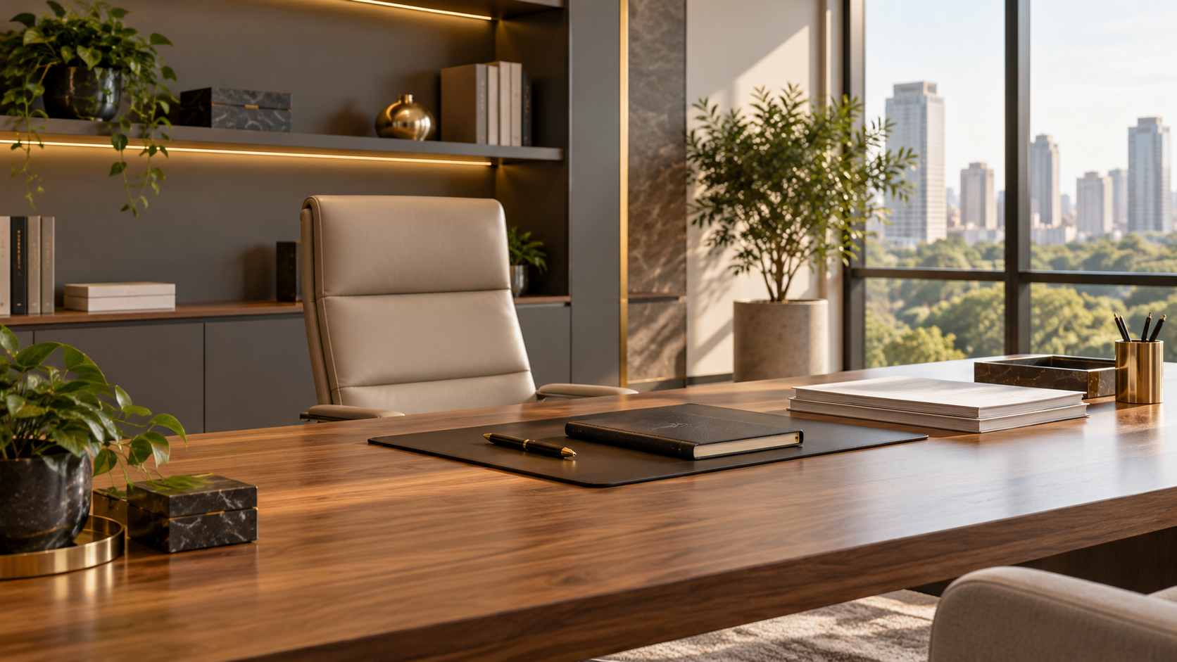 Escritório moderno vazio com mesa organizada, imagem ilustrativa